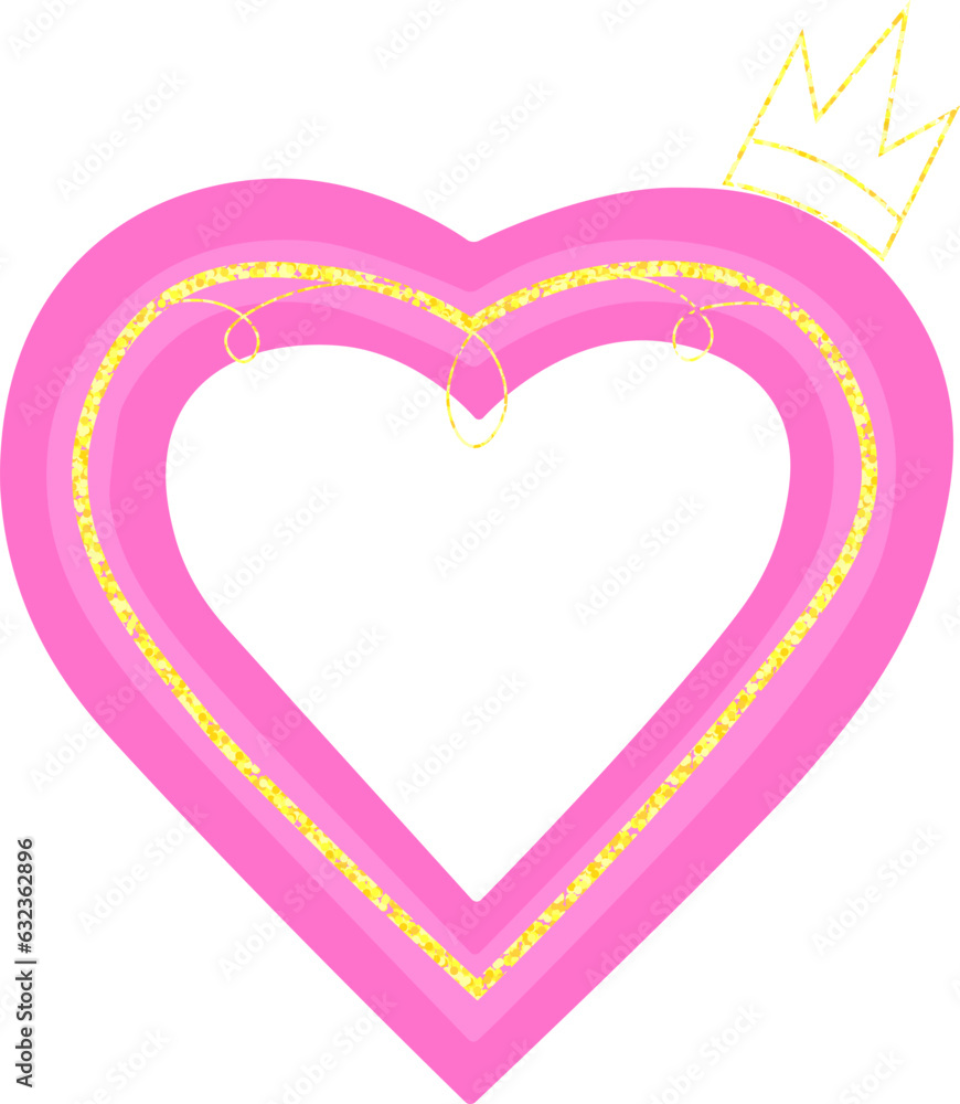 Pink princess frame with golden crown in shape of heart