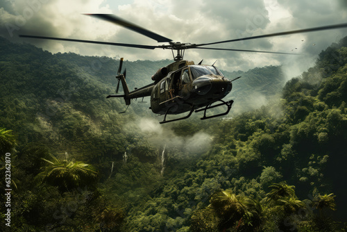 War helicopter flying over vietnam jungle, war concept. Generative AI