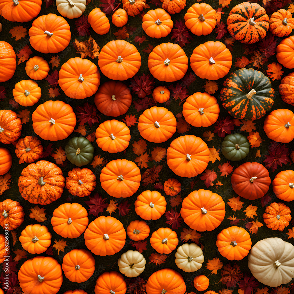 Autumn background with a bountiful harvest of pumpkins and fall foliage ...