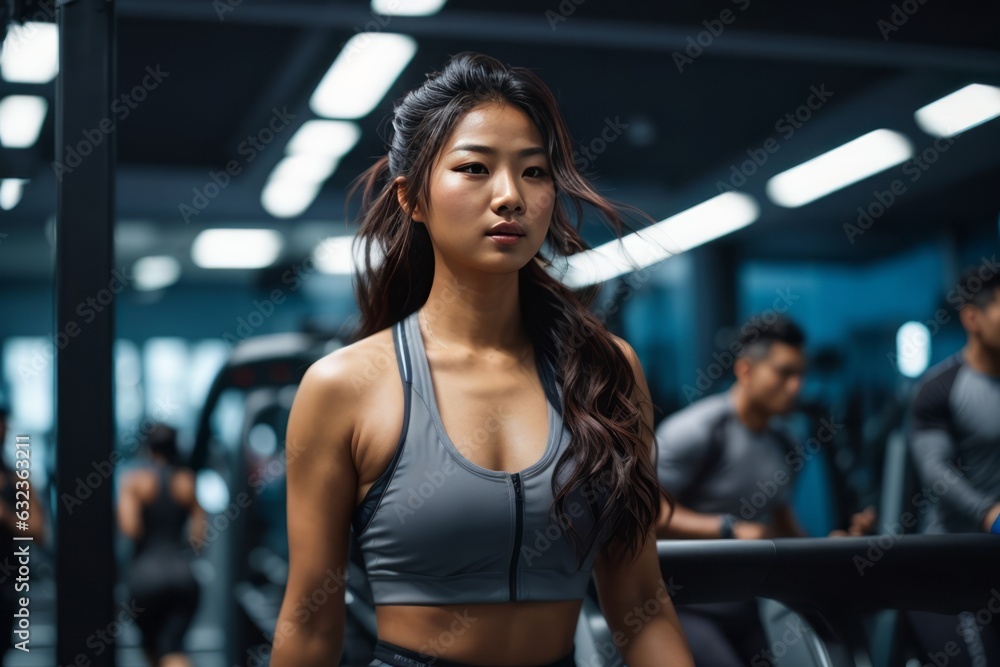  Photo of a beautiful asian woman in a fitness center, running on a treadmill