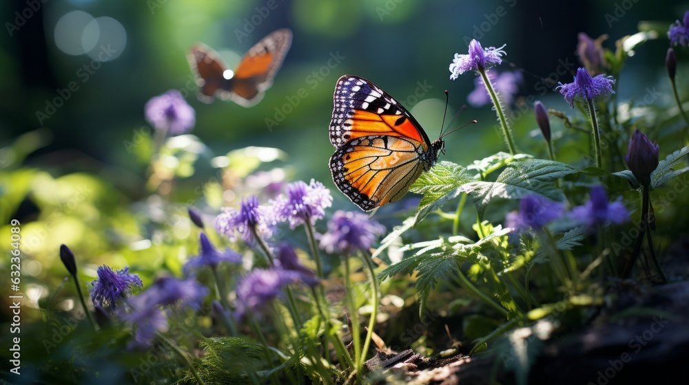 A beautiful summer nature setting with golden light, flowers, and butterflies. Generative AI. A beautiful summer nature setting with golden light, flowers, and butterflies. Generative AI.