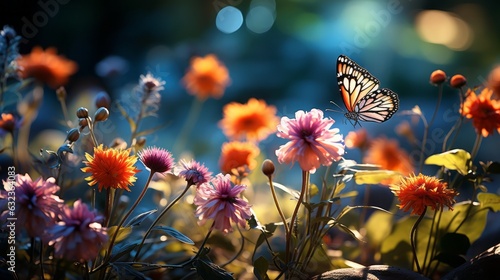 A beautiful summer nature setting with golden light, flowers, and butterflies. Generative AI. 
