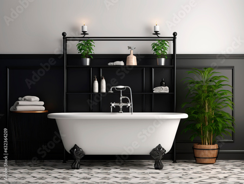 Bathroom interior with bathtub and plants. Generative AI