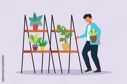 Happy man caring about interior potted plants. Home gardening and growing houseplants concept. Colored flat vector illustration isolated. 
