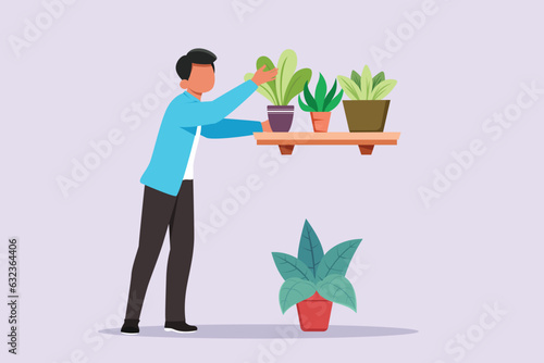Happy man caring about interior potted plants. Home gardening and growing houseplants concept. Colored flat vector illustration isolated. 