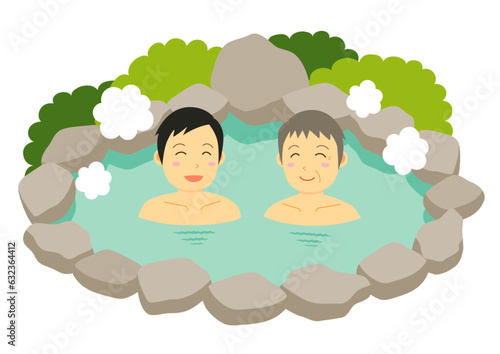 温泉に入る親子イラスト_男湯
