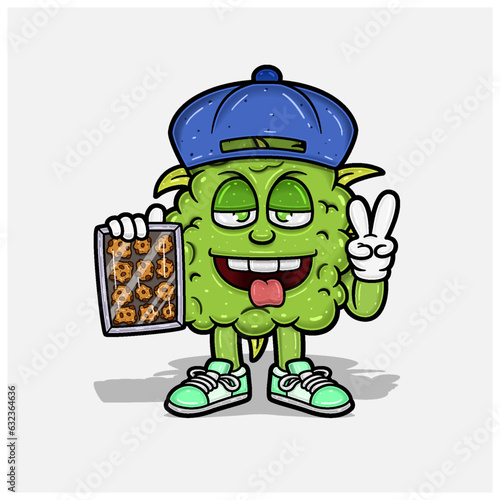 Weed Bud Mascot Cartoon Holding Cookies. For Mascot Logo, Tshirt Design, Business, Cover, Label and Packaging Product.