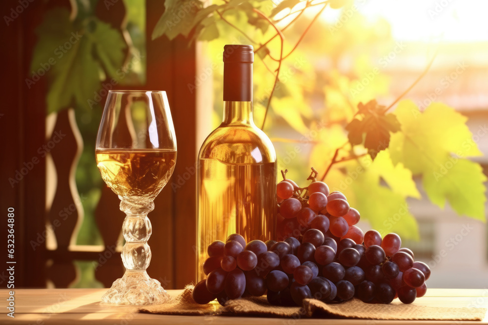 Fototapeta premium Bottle of wine and grapes on the table with sunlight Generative AI