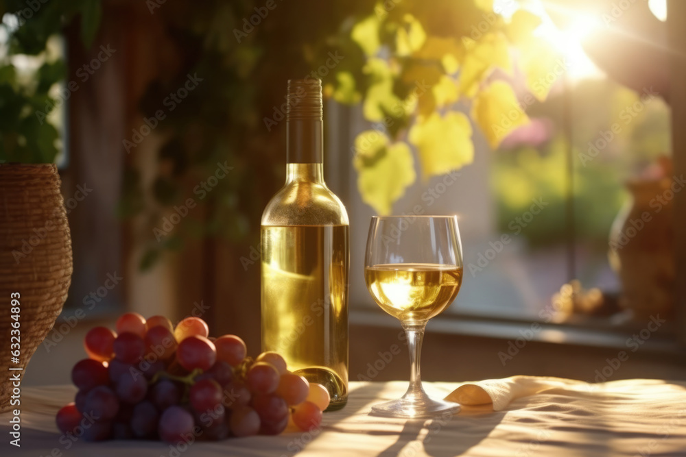 Bottle of wine and grapes on the table with sunlight Generative AI