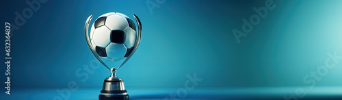 Trophy with soccer ball, sports and competition concept, blue background, space for text. Generative AI