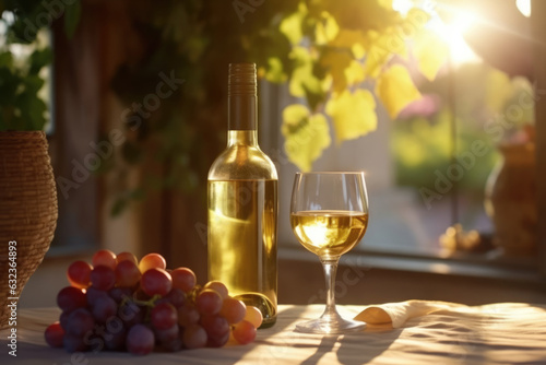 Bottle of wine and grapes on the table with sunlight Generative AI