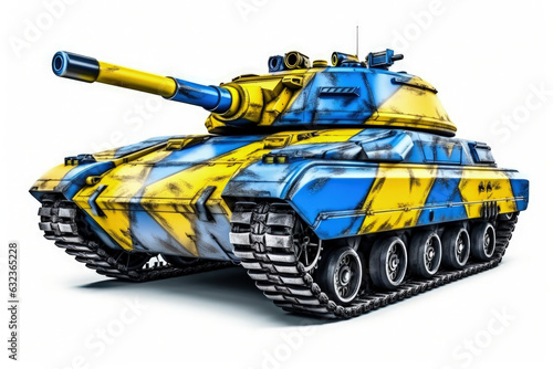 Battle tank painted with colors of the flag of Ukraine. Generative AI
