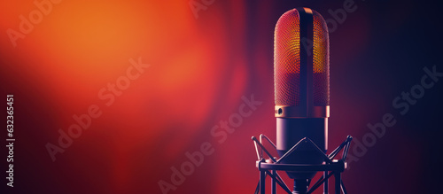 Microphone illustration  bokeh background  music and podcast concept. Generative AI