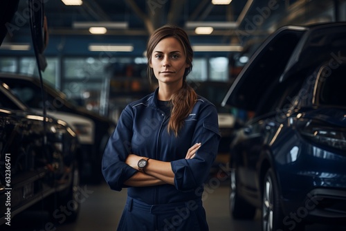 skilled female mechanic at auto service station, Generative AI © avrezn