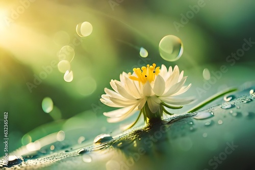 abstract natural background with a flower, sun rays, water drops, blurred background created with generative ai technology
