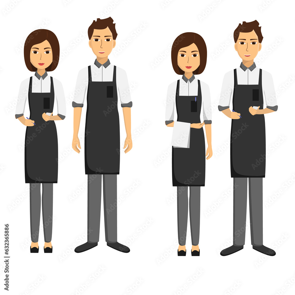 Set of waiters, girls and men written and with towels on their hands. Taking order. Illustration on transparent background