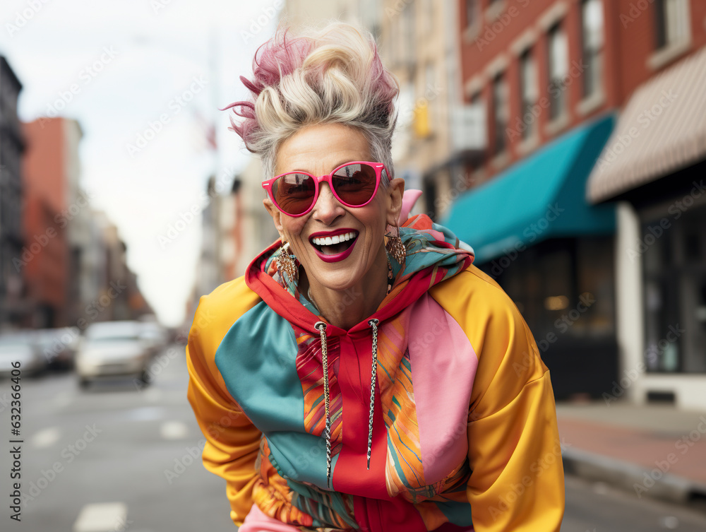 Elderly woman dons vibrant workout attire, embracing physical activity and joyous exercise in a delightful and colorful ensemble.