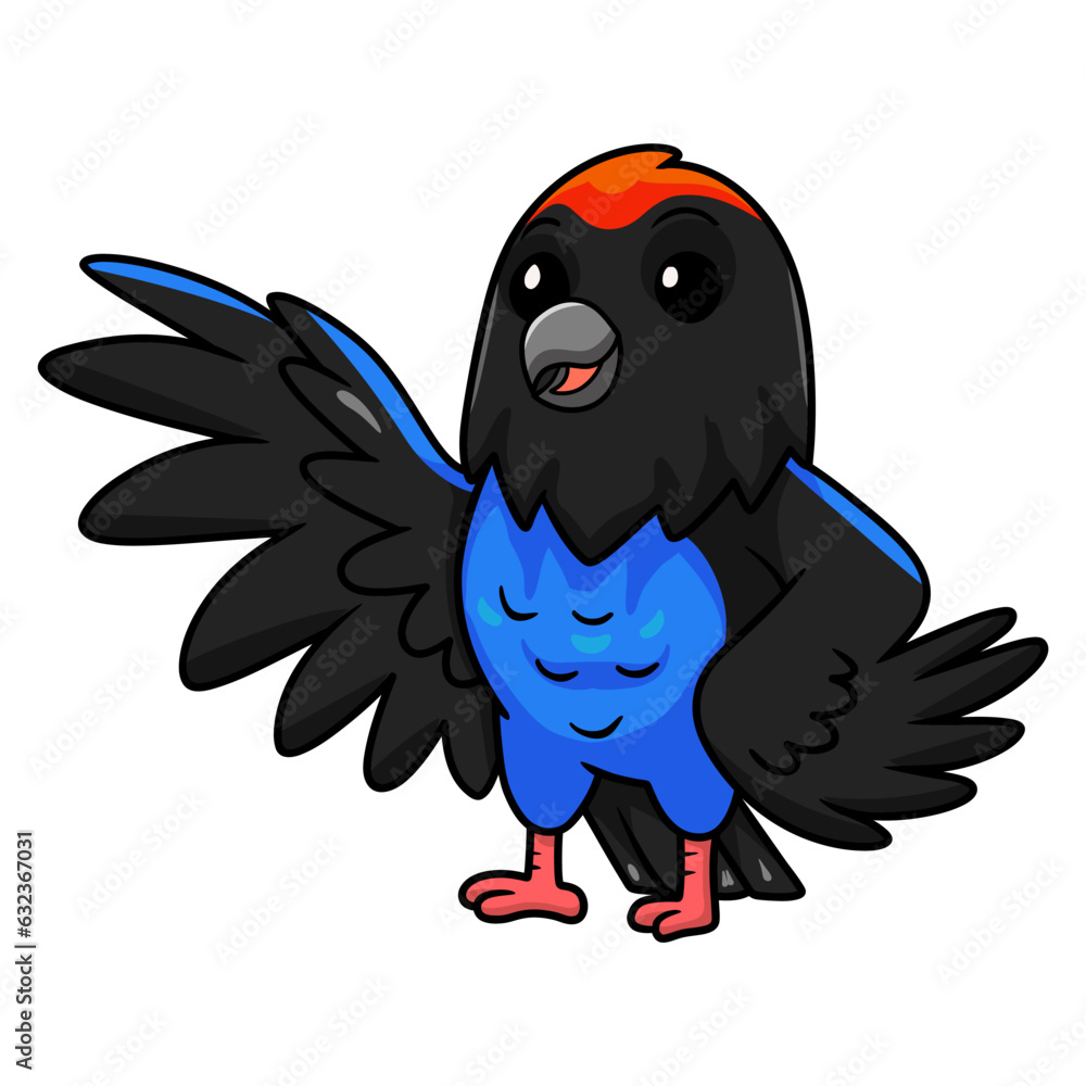 Fototapeta premium Cute blue manakin bird cartoon waving hand