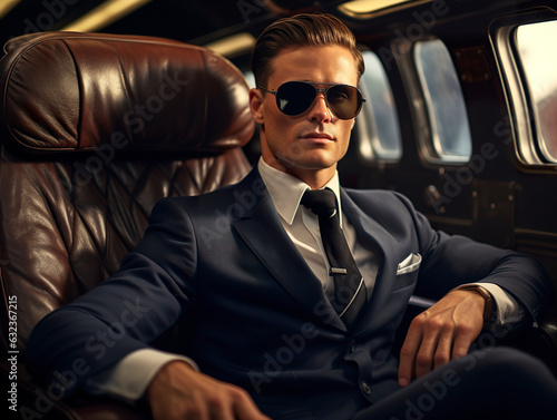 Classic navy uniform graces an airline pilot in a vintage plane, capturing the essence of aviation history with a timeless touch.