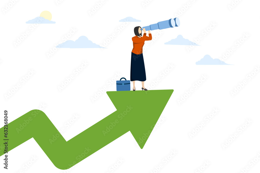 profit and income forecast concept, Business or investment opportunity and market prediction, future growth or career development vision, woman climbing arrow with big telescope binoculars. profit and income forecast concept, Business or investment opportunity and market prediction, future growth or career development vision, woman climbing arrow with big telescope binoculars.