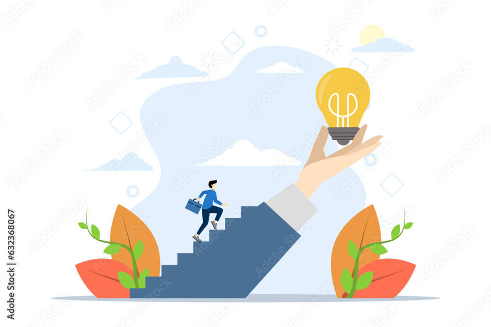 Obraz premium inspirational Idea concept to inspire or motivate people to success, business innovation or creativity, solution or invention, businessman steps in big hand holding bright light bulb that inspires.