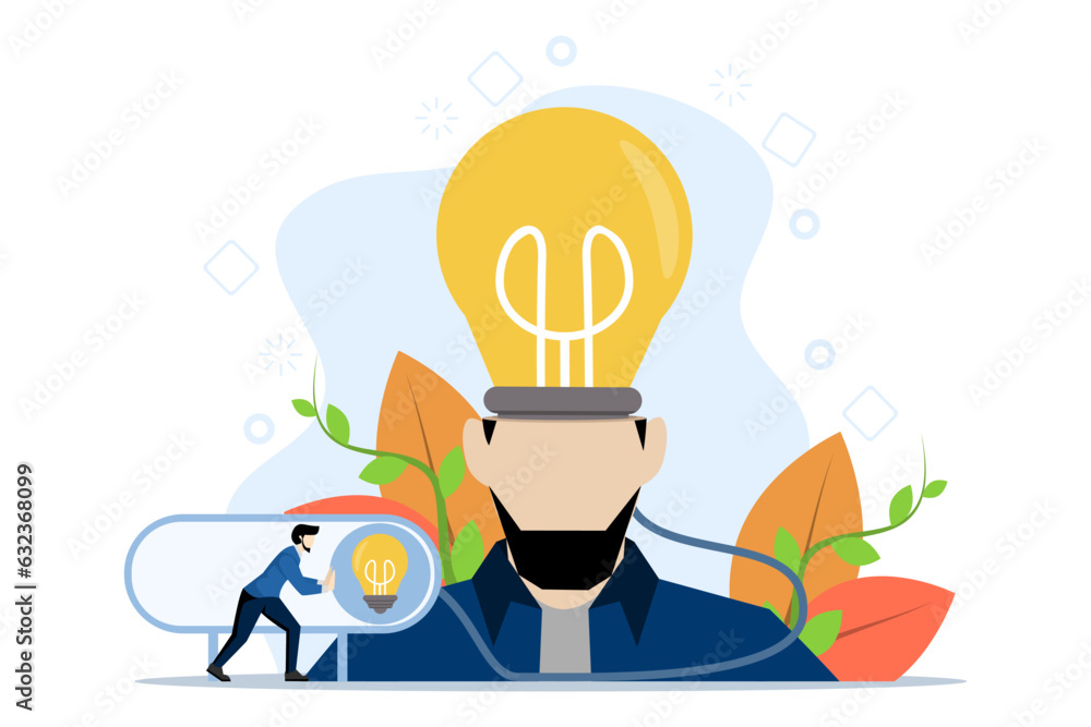 Turn on new idea, solution or innovation to solve problem, activate knowledge or creativity, open or activate concept, entrepreneur press toggle button to turn on idea light in big head. Turn on new idea, solution or innovation to solve problem, activate knowledge or creativity, open or activate concept, entrepreneur press toggle button to turn on idea light in big head.