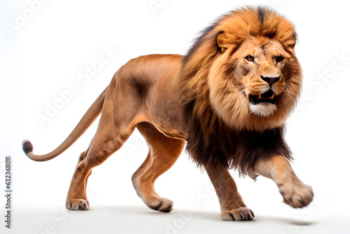 Lion isolated on white background running. Animal left side portrait.