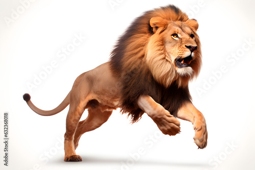 Lion isolated on white background jumping. Animal side view portrait.