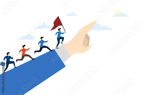 leadership concept to lead team members, business direction to achieve goal or target, team work to succeed in job, businessman leader holding winner flag leading business people pointing finger.