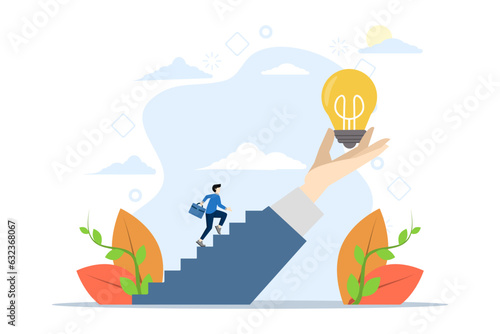 inspirational Idea concept to inspire or motivate people to success  business innovation or creativity  solution or invention  businessman steps in big hand holding bright light bulb that inspires.