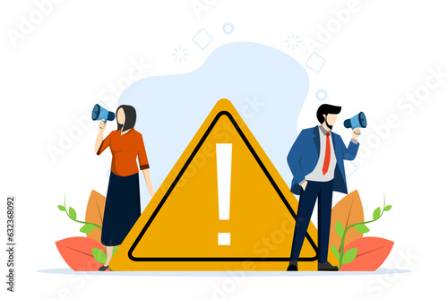 concept of important announcement, attention or warning information, latest news or urgent message communication, alert and be careful, business people announce in megaphone with exclamation mark.