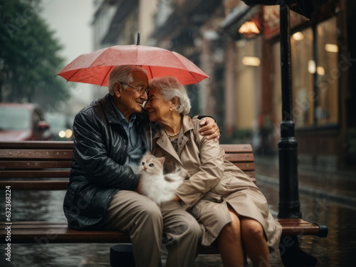 Elderly woman and man sit on a bench outdoors under an umbrella  hugging  holding hands  it s raining
