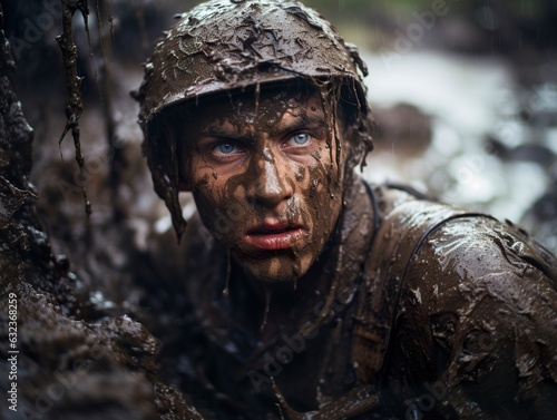 Amid warfare, a soldier stands in a muddied trench, a poignant representation of the harsh realities and sacrifices of battle.