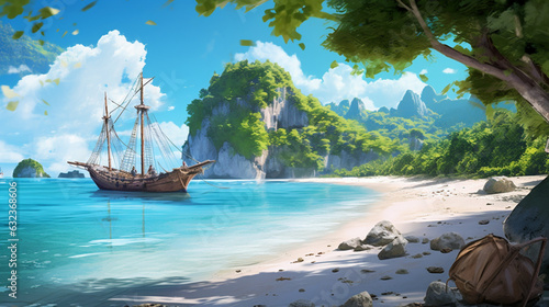 tropical paradise in this captivating illustration. Feel the warm embrace of golden sands meeting the gentle turquoise waves, a weathered wooden ship rests peacefully on the tranquil waters.
