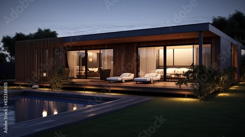 modern dark villa with open plan living and private chair wing with small terrace for relaxation, Generative AI © Onchira