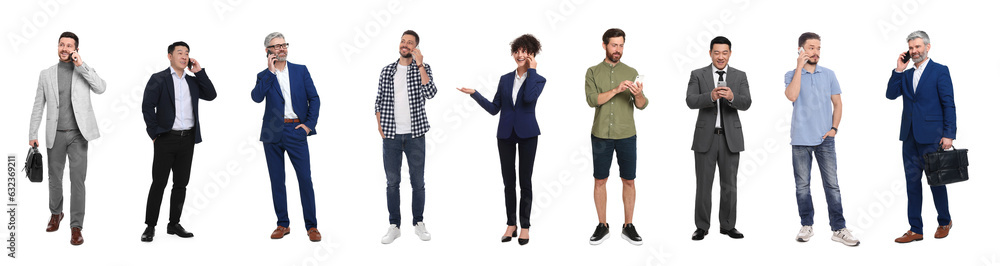 Collage with photos of people using mobile phones on white background Collage with photos of people using mobile phones on white background