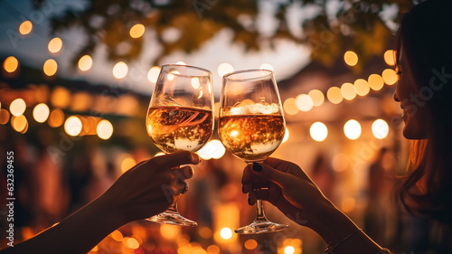 friends party ,glasses of wine on sunset sea  beach cafe terrace
