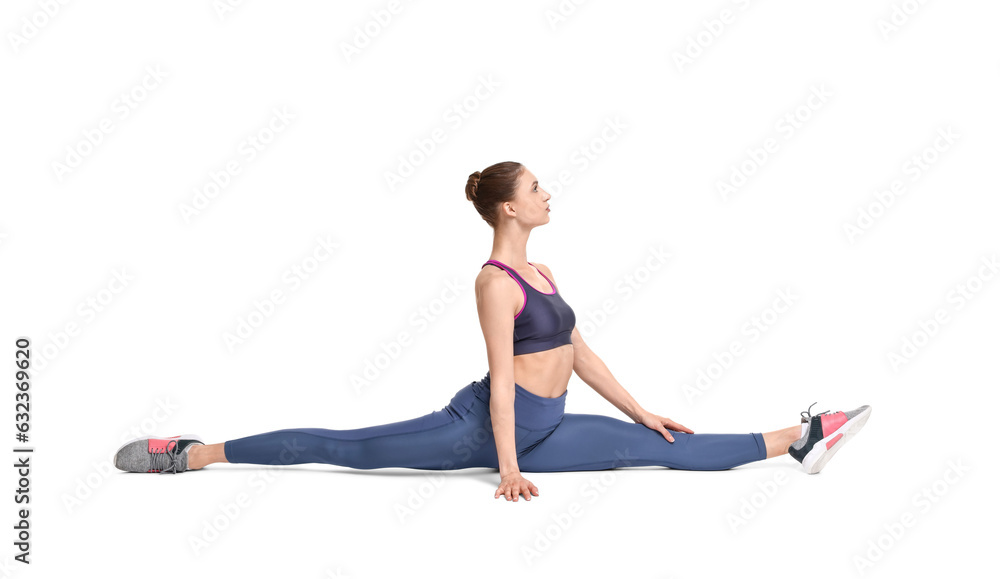 Yoga workout. Young woman stretching on white background Yoga workout. Young woman stretching on white background