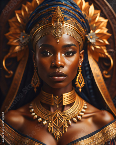 Portrait of a queen woman of color in a fantasy costume inspired by a fantasy movie, adorned with golden jewelry and a grand crown