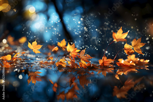Beautiful autumn banner. Maple leaves foliage on dark blue background