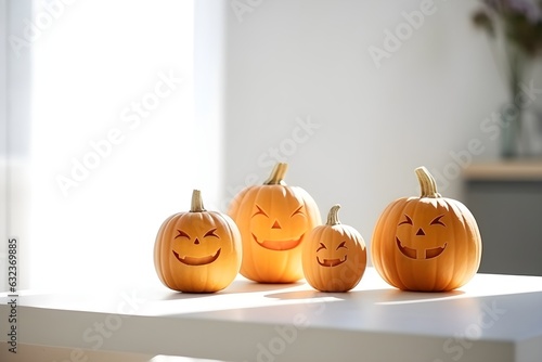 orange pumpkins on the white table, copy space, minimalism, Thanksgiving Day, generated AI