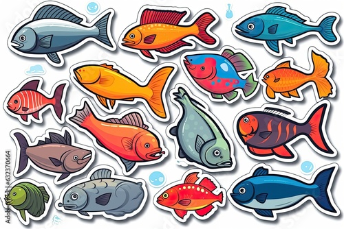Cute fish in the sea cartoon sticker. Generative AI