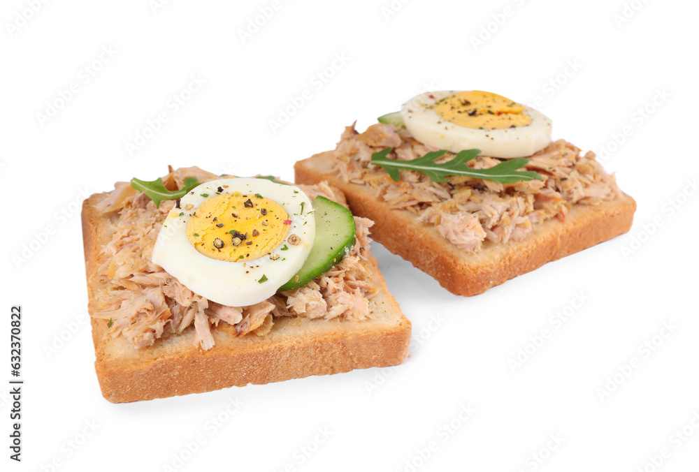 Delicious sandwiches with tuna, greens, cucumber, boiled egg and spices on white background