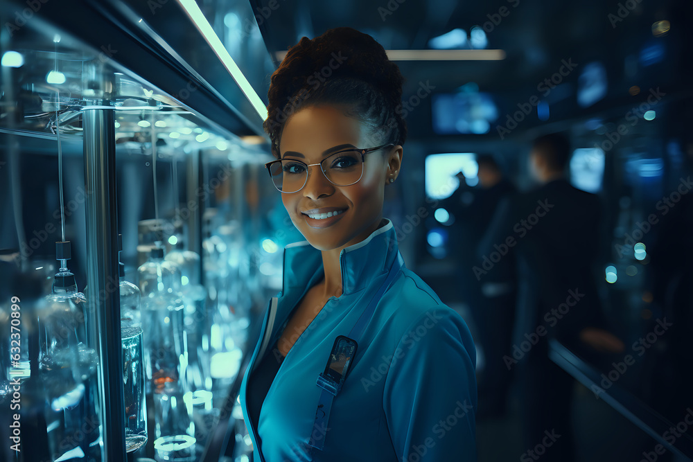 a young african american woman works in a high-tech production, a young specialist successfully works in a laboratory, a portrait at work of a woman innovator, researcher, technologist a young african american woman works in a high-tech production, a young specialist successfully works in a laboratory, a portrait at work of a woman innovator, researcher, technologist