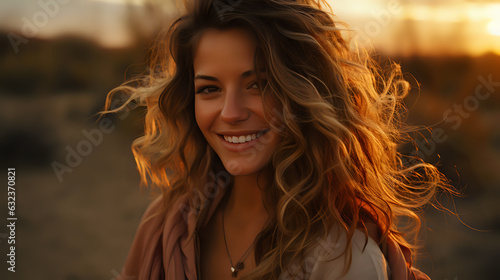 young caucasian girl 20 years old in sunset rays, portrait of a long-haired cute young woman in the golden hour © Yuliia