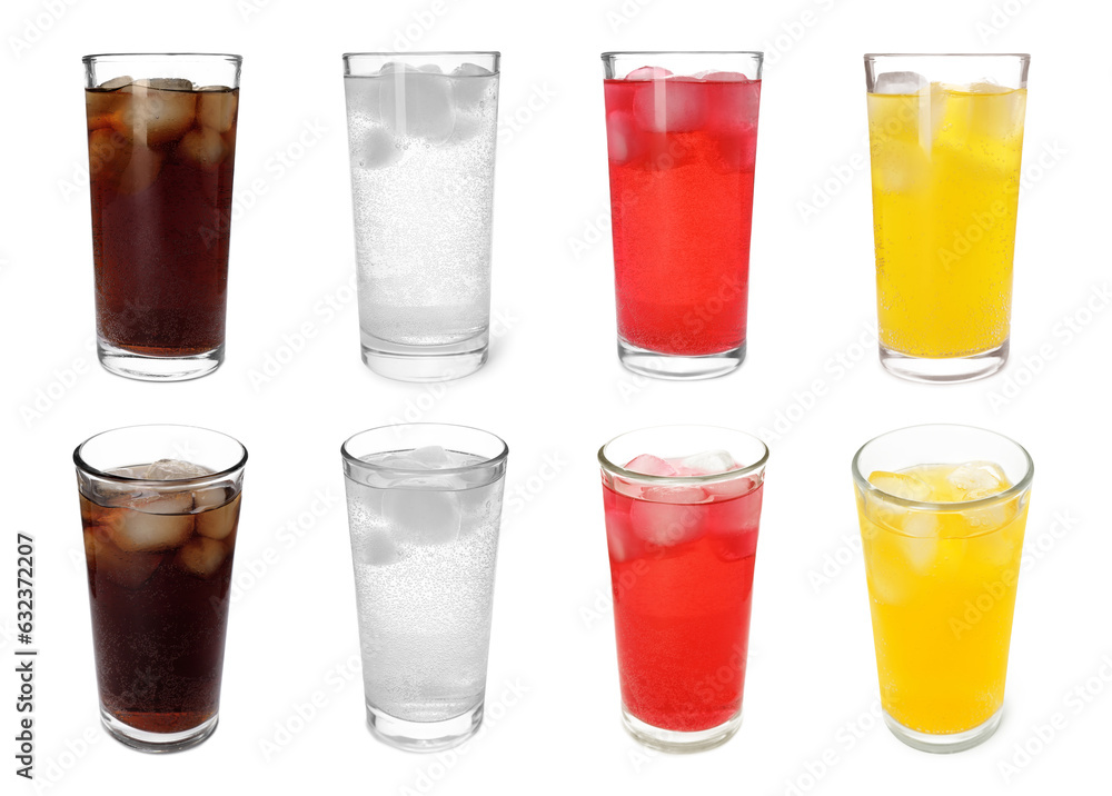 Collage of tasty refreshing soda drinks with ice cubes on white background Collage of tasty refreshing soda drinks with ice cubes on white background