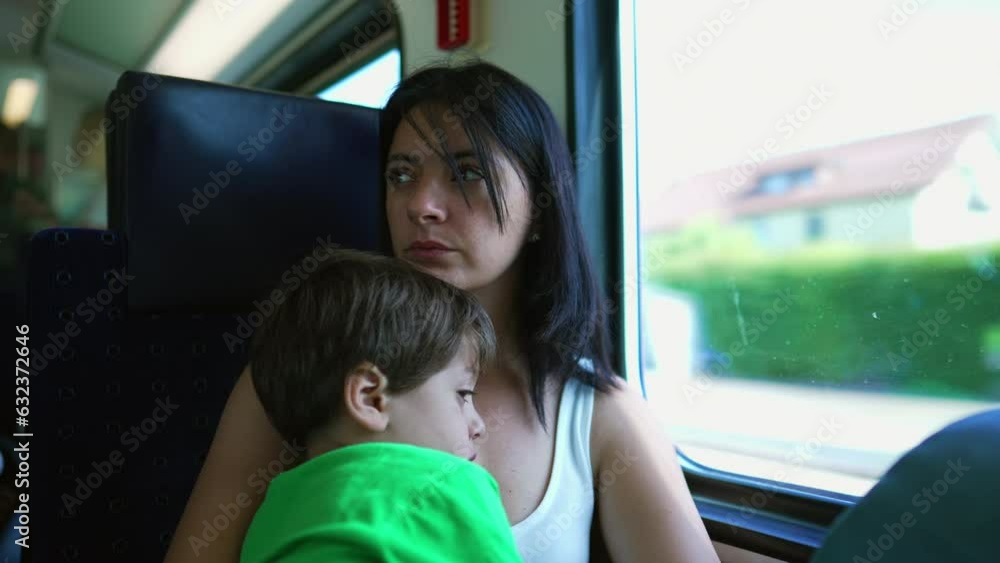 Mother and son aboard a swift train journey, introspective mom immersed in deep contemplation Mother and son aboard a swift train journey, introspective mom immersed in deep contemplation