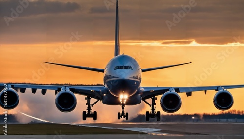 Jetliner taking off from runway at sunset with landing gear down