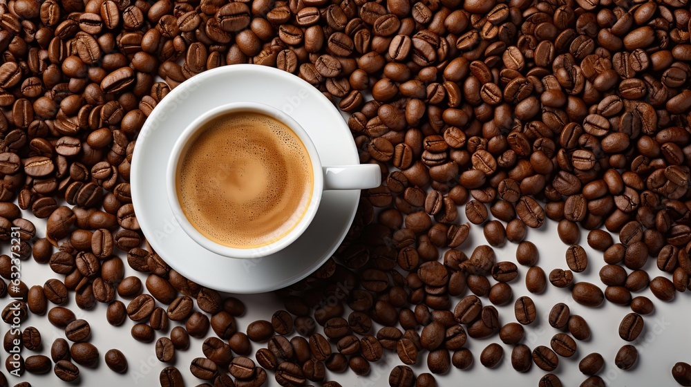 cup of hot coffee on a white table with a few coffee beans around it cup of hot coffee on a white table with a few coffee beans around it