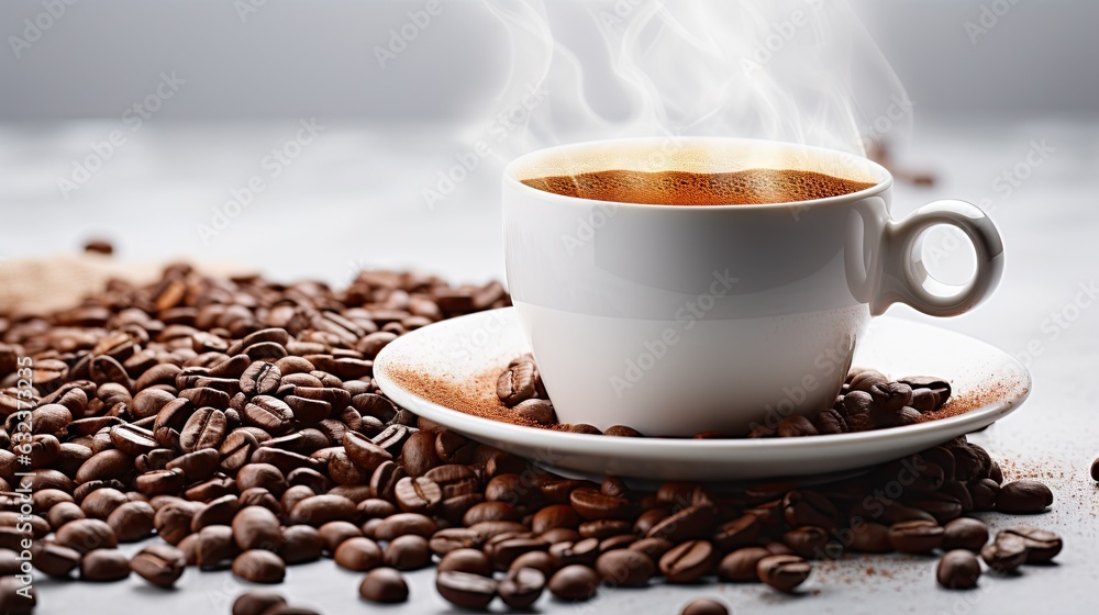 Fototapeta premium cup of hot coffee on a white table with a few coffee beans around it